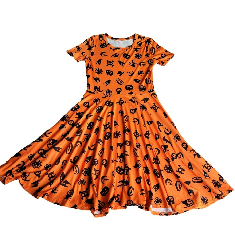 Halloween Dress Ladies Medium Orange Black Spooky Ghost Pumpkin Ghouls